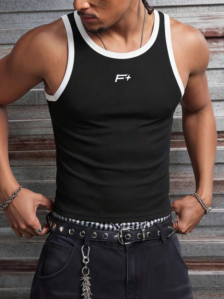 AXEPEAK Men's Contrast Trim Crew Neck Sleeveless Casual Versatile Tank Top, Summer - Black - View 1
