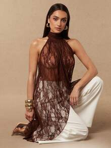 Silquee Women's Pastal Lace Halter Dress Elegant Sexy Semi-Sheer Floral Jacquard Turtleneck Asymmetrical Blouse Top Summer Party Night Date Golf Brown - Brown - View 5