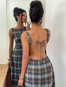 Aloruh Women's Elegant Casual Commute Outdoor Plaid Sleeveless Brown&Blue Dress,Country Style For Women,Holiday,Vacation,Work Office Dress,Summer Dress - Multicolor - View 8