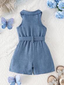 SHEIN Vintaside Kids 女婴优雅基本款露背柔软皱褶面料和牛仔效果休闲连体衣，适合居家和户外穿着 - 藍色 - 查看 2