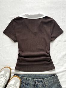 Serisse Kids Áo croptop cổ bẻ màu xanh hải quân và trắng dành cho bé gái tuổi teen, kiểu dáng thường ngày phối màu tương phản, ôm sát người, có thêu logo nhỏ. - Cà phê nâu - Xem 2