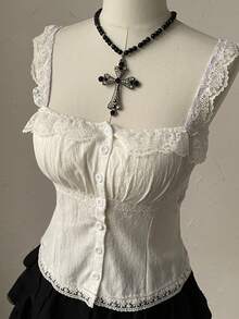 Attitoon 100% Cotton Lace Patchwork Casual Minimalist Style Tank Top For Women, Suitable For Spring/Summer - White - View 3