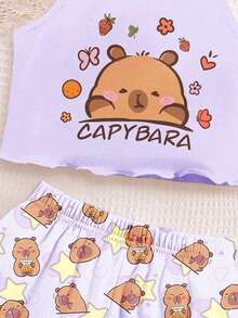 Setelan Atasan Camisole dan Celana Pendek Motif Bintang Capybara Kartun Lucu Warna Krem Ungu, Gaya Minimalis Kasual untuk Anak Perempuan, Cocok untuk Musim Panas - MultiWarna - View 3