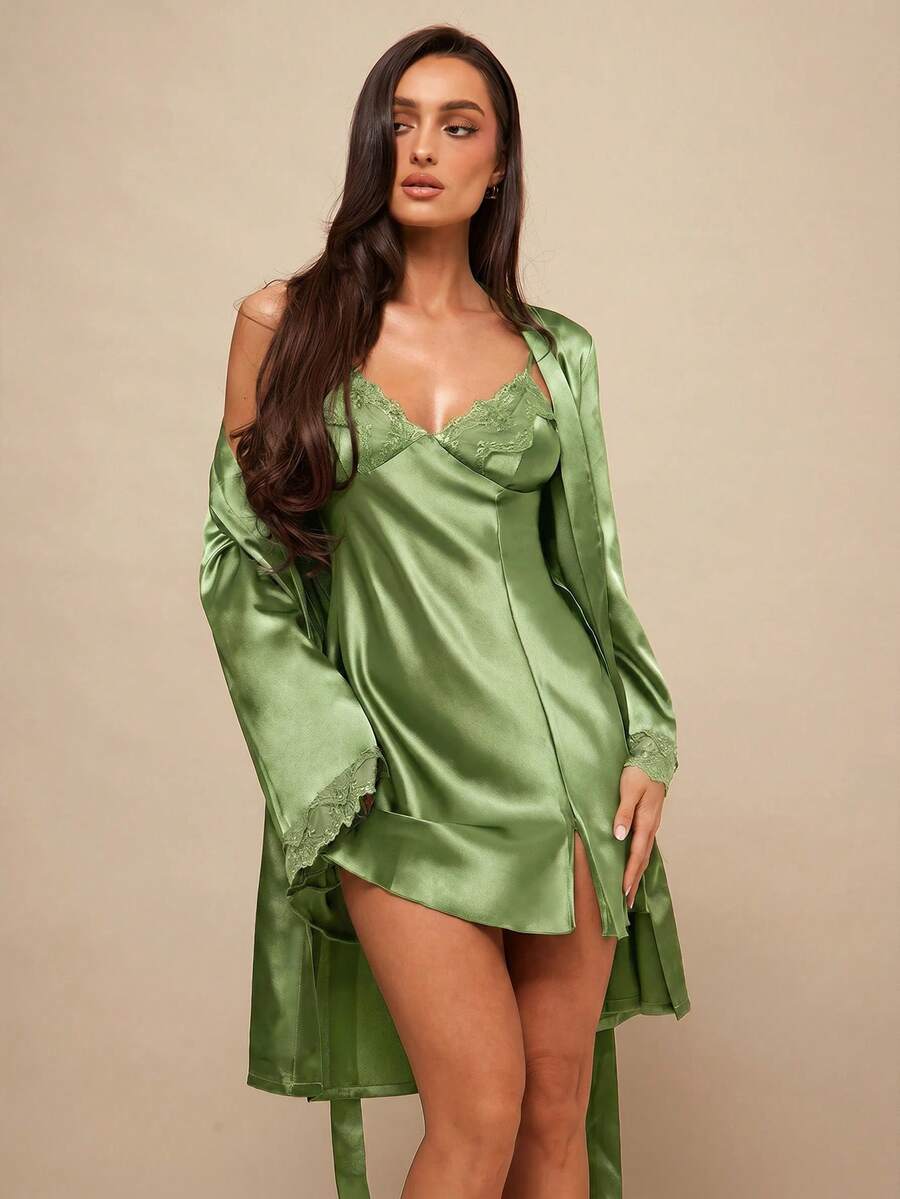 Silquee Women's Solid Color Lace Patchwork Camisole Dress And Long Sleeve Robe Pajama Set - Olive Green - View 1