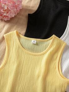 SHEIN Sparklyn 3pcs Tween Girls Summer Tank Tops, Multicolor Black Tops, Yellow Tops, Squishy Textured Fabric Tops, White Tops - Multicolor - View 6