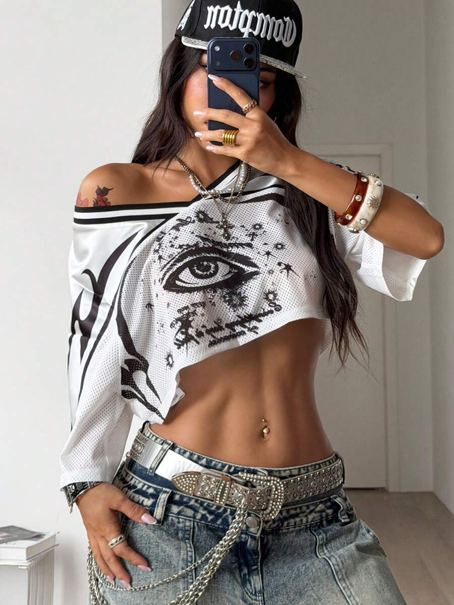 Coolane 女士街头风酷炫复古运动足球球衣字母印花 Y2K 酷炫短款百搭T恤