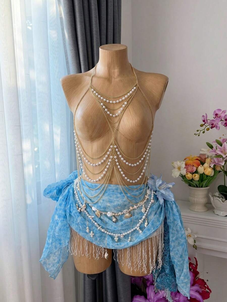 Bellisia Women's Beach Vacation Music Festival Pool Party Bikini Cover Up With Faux Pearl Tassel Chain - Gold - View 1