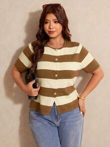 Elaquor Plus Size Women Striped Short Sleeve Single-Breasted Knit Cardigan - Multicolor - View 3