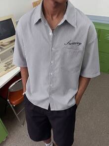 STEELVANCE Men's Striped Print Letter Embroidery Front Button Short Sleeve Shirt - Black and White - View 5