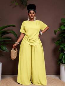 Veslaya 2pcs/Set 2026 Spring/Summer Casual Vacation Solid Color Asymmetric Hem Short Sleeve Top And Elastic Waist Wide Leg Pants Plus Size - Light Yellow - View 7