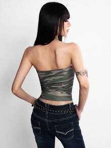 Rina Fox 女士迷彩字母印花蕾丝拼接露脐吊带背心，性感夜店装 - 綠色 - 查看 2