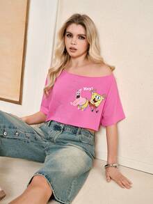 SpongeBob SquarePants | SHEIN Women's Asymmetrical Shoulder Short Sleeve Cropped Casual Sexy T-Shirt, Golf Lilac - Pink - View 5