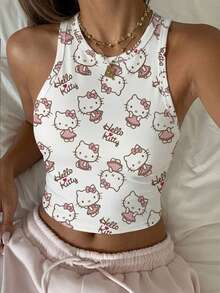 CovetEZ HELLO KITTY AND FRIENDS | SHEIN 休闲简约日常百搭可爱猫咪印花图案，适合海滩、度假，女士夏季圆领紧身吊带背心 - 彩色 - 查看 3