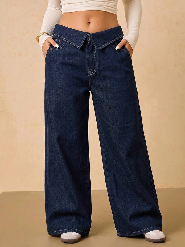 SHEIN CURVE+ Jeans de pierna ancha con cintura plegable para mujeres de talla grande CURVE+, pantalones casuales y de uso diario para mujeres
