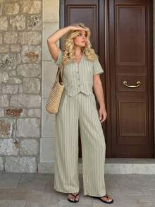 Dripcurv Plus Size Spring/Summer Casual Minimalist Versatile Striped 2 Pieces Suit Set, Women Blazer + Pants In Fall/Winter - Green - View 3