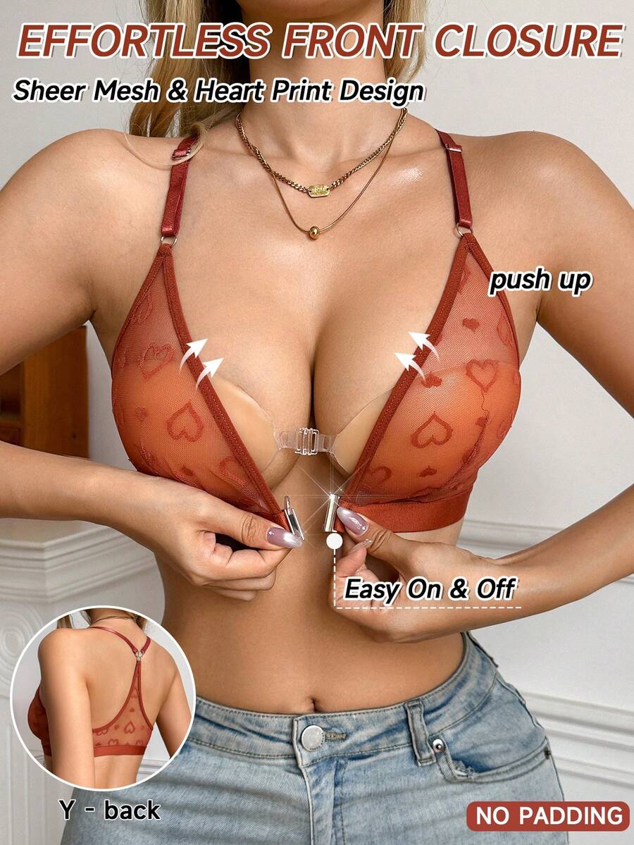 Women's Lace Heart Pattern Front Closure Casual Everyday Bra - Redwood - View 1