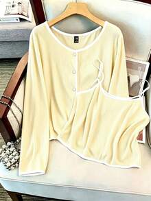GlowEve CURVE Plus Size Women 2pcs Set: Long Sleeve Single-Breasted Cardigan And Camisole, Casual Fall - Light Yellow - View 4