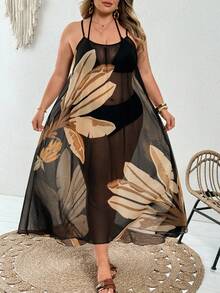 SHEIN CURVE+ 大码女式休闲热带沙滩度假宽松无袖印花长款罩衫 - 黑色 - 查看 8