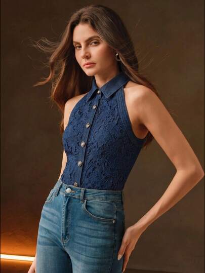 Anewsta Camiseta de mujer de diseño de parche de encaje bordado elegante, para verano