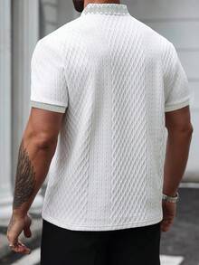 Manfinity Homme Men's Knitted Jacquard Solid Color Textured Collar & Cuff Ribbed 2-Button Polo Shirt - White - View 2
