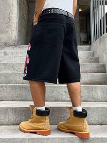GALLERY FADE Men's Casual Street Style Embroidered Black Denim Shorts, Holiday - Black - View 3
