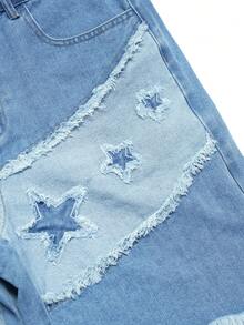 Manfinity Roughcore Men's Street Fashion Contrast Color Patchwork Star Embroidery Frayed Hem Washed Denim Shorts, Holiday - Medium Wash - View 6