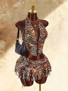 Amplova Women's 2-Piece Leopard Print Sexy Tie-Dye Halter Top And Ultra Low-Rise Mini Skirt Set - Multicolor - View 6