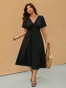 Melodosi Casual Minimalist Black Solid Color Seashell Embellished Dress, Suitable For Summer Music Festivals And Vacations, Plus Size - Black - View 5