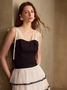 MOTF PREMIUM BLUSA AJUSTADA CON PLIEGUES DE COLOR CONTRASTANTE PARA MUJER - Negro - Ver 6