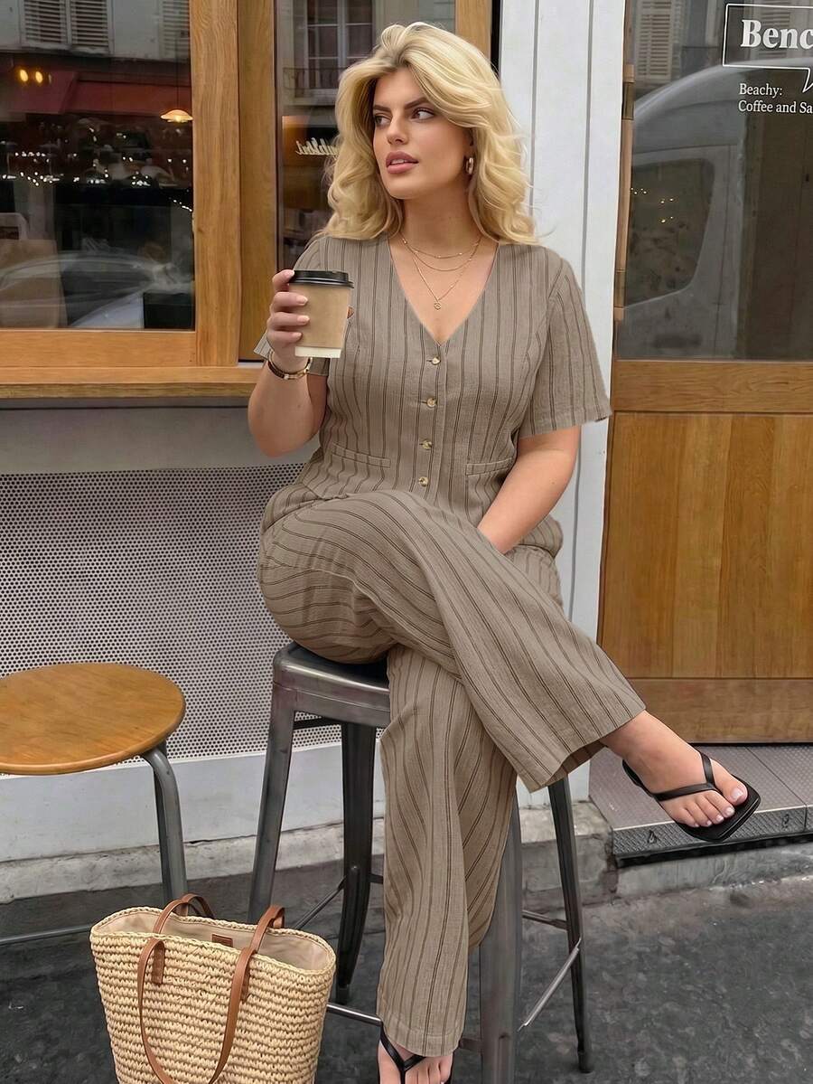 Dripcurv Plus Size Spring/Summer Casual Minimalist Versatile Striped 2 Pieces Suit Set, Women Blazer + Pants In Fall/Winter - Khaki - View 1