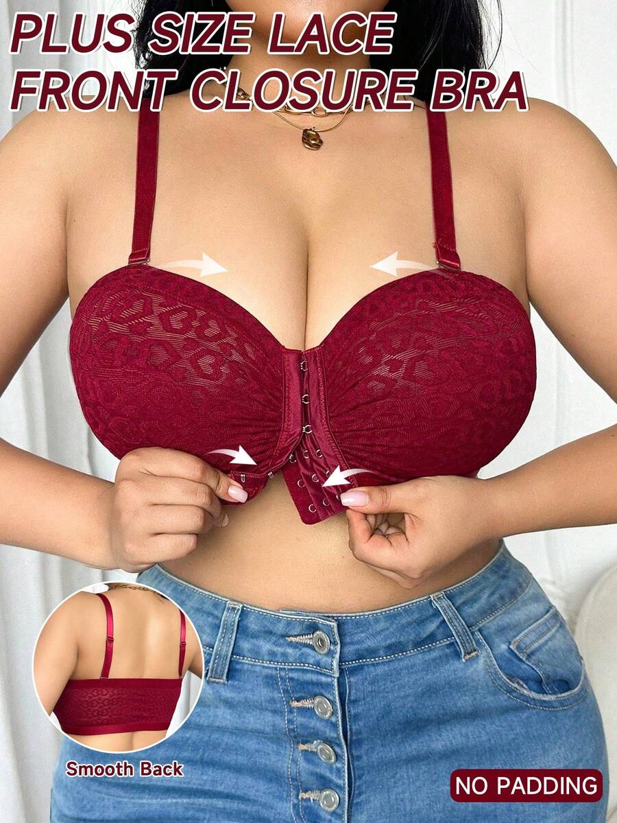 Romantic Lace Plus Size Front-Closure Women's Lingerie - Burgundy - View 1