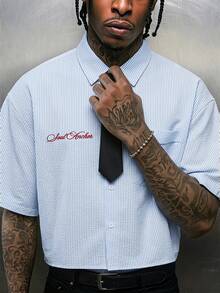 AXEPEAK Men's Striped Letter Embroidered Casual Versatile Daily Wear Shirt - Blue and White - View 8