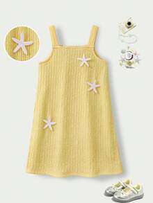 SHEIN Casuvi Kids Casuvi 青少女女童休閒針織提花紋理吊帶洋裝，寬鬆A字版型搭配3D花卉裝飾，舒適適合春夏日常穿著 - 黃色 - 查看 4