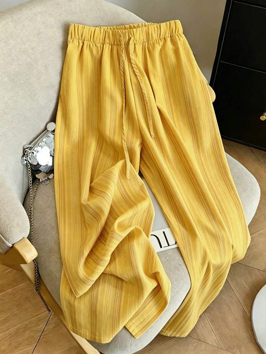 SHEIN Franclia 女款黃色直筒條紋長褲,秋季休閒居家服,復古海灘度假日常穿搭,優雅畢業季大學風 - 黃色 - 查看 1