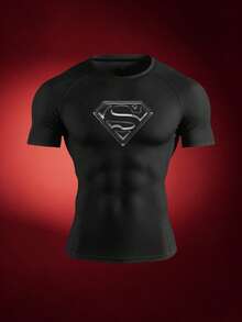 SUPERMAN X SHEIN RISE LYT Áo thun thể thao nam cổ tròn tay raglan, họa tiết logo đồ họa, thoáng khí, phong cách thường ngày, phù hợp tập gym - màu đen - Xem 6