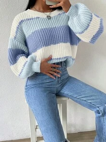 SHEIN Colorblock Rib-Knit Drop Shoulder Sweater,Long Sleeve Tops Knit Pullover Fall Winter Sweater - Baby Blue - View 6