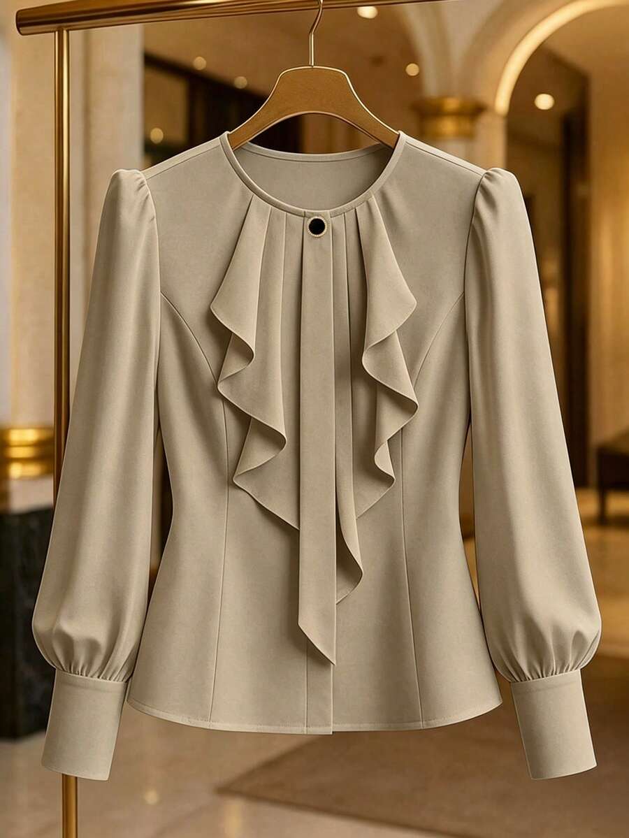 Velvienne Camisa elegante de manga larga con botones y dobladillo con volantes para mujer de talla grande - Camel - Ver 1