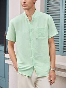 Officeau 男士薄荷綠紋理立領短袖襯衫，適合商務休閒/通勤，送給父親/丈夫的禮物 - 薄荷綠 - 查看 6