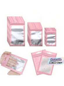 50/100pcs Pink Gift Packaging Bags, Clear Display Pouches For Jewelry And Accessories, Reusable Ziplock Bags For Cables, Cosmetics And Holographic Package - multicolor - View 1