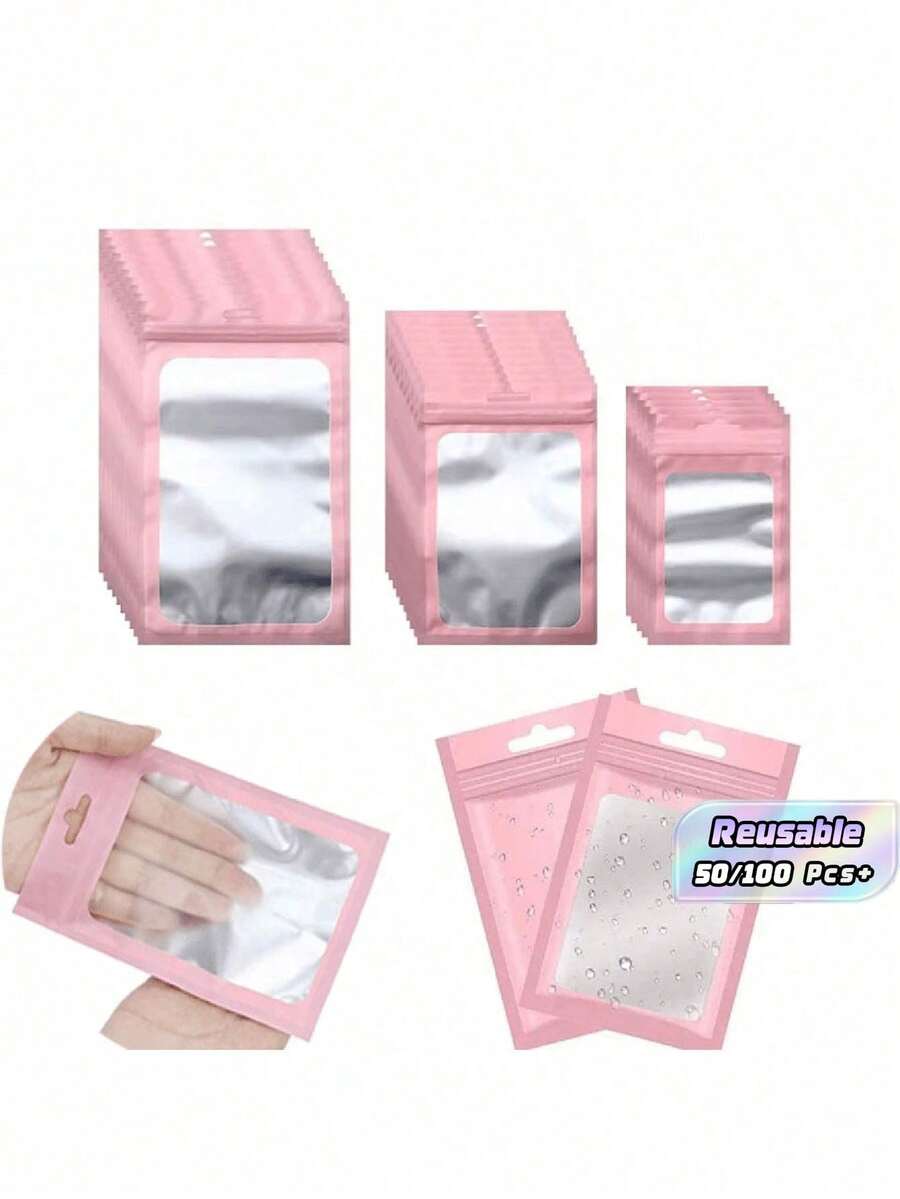 50/100pcs Pink Gift Packaging Bags, Clear Display Pouches For Jewelry And Accessories, Reusable Ziplock Bags For Cables, Cosmetics And Holographic Package - multicolor - View 1