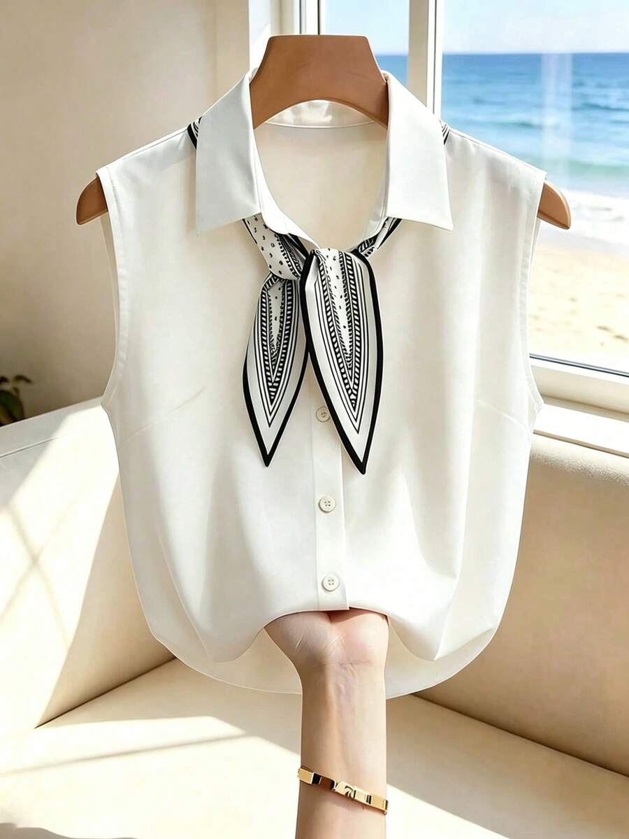 Franclia Áo sơ mi nữ tay cánh dơi cổ chữ V in họa tiết thắt khăn, màu be trơn, dáng rộng, thích hợp mặc đi làm mùa xuân/hè. - Màu be - Xem 1