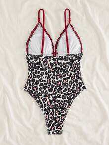 Bonvoyette Brown Polka Dot Random Print Deep V Spaghetti Strap Round Bead Trim Ruffled Mesh Edge Casual Cute Beach Bikini One-Piece Swimsuit For Women, Spring/Summer - Multicolor - View 2