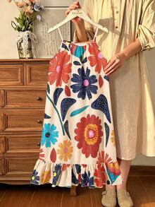 SHEIN Girls' Beige Tropical Beach Vacation Camisole Printed Dress,Vibrant Floral Loose A-Line Fit Ruffled Hem Breathable Fabric Spring Summer Outfit - Multicolor - View 3