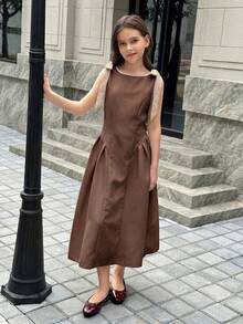 SHEIN 青少年女孩拼色蝴蝶結收腰洋裝，休閒優雅時尚百搭日常穿著，適合儀式、派對及所有場合，新款女童洋裝 - 棕色 - 查看 3