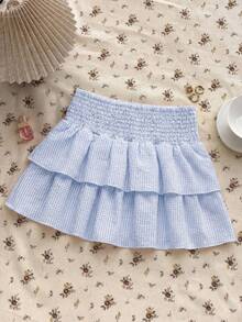 SHEIN Chân váy kẻ sọc xanh eo nhún cho bé gái tuổi teen - Màu xanh lam - Xem 5