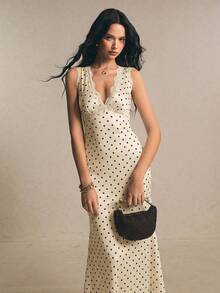 Poéselle Women's Elegant French Lace Polka Dot Patchwork Dress - Apricot - View 7