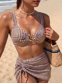 Bonvoyette Women's Summer Beach Holiday Metal Decor Plaid Print Swimwear 3 Pieces Set - Brown - View 13