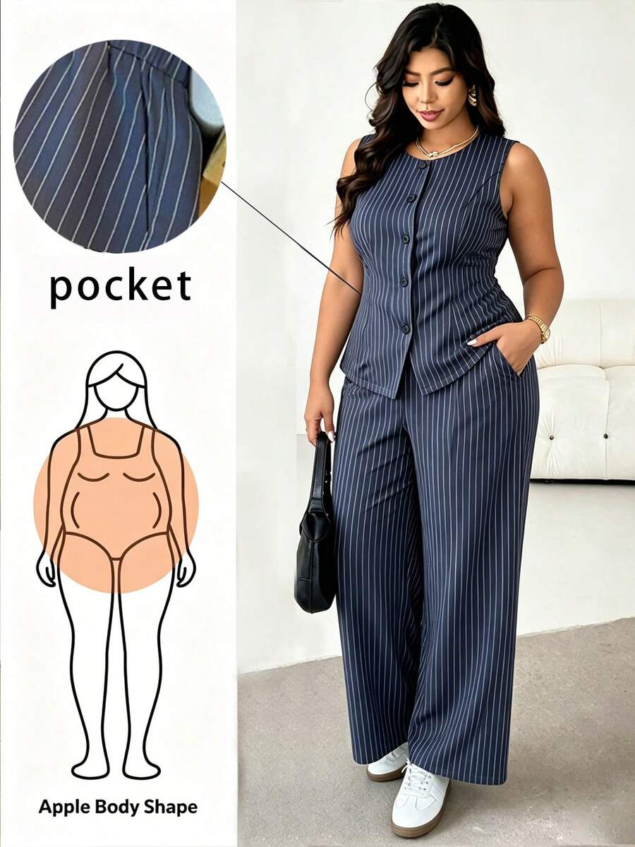 GlowEve CURVE Damen Mode Große Größen Pendler Grau gestreiftes Weste Top und gerade geschnittene Hose 2-teiliges Set, Casual Sommer Outfit, eleganter Pendler Anzug für den Sommer - Grau - Übersicht 1
