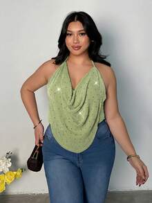Firerie Plus Size Sexy Sequin Decor Backless Halter Neck Top, Summer - Green - View 9