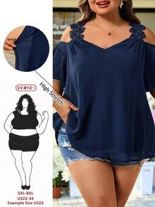 SHEIN CURVE+ 大码女式夏季度假休闲纯色露肩短袖衬衫 - 藏蓝色 - 查看 1